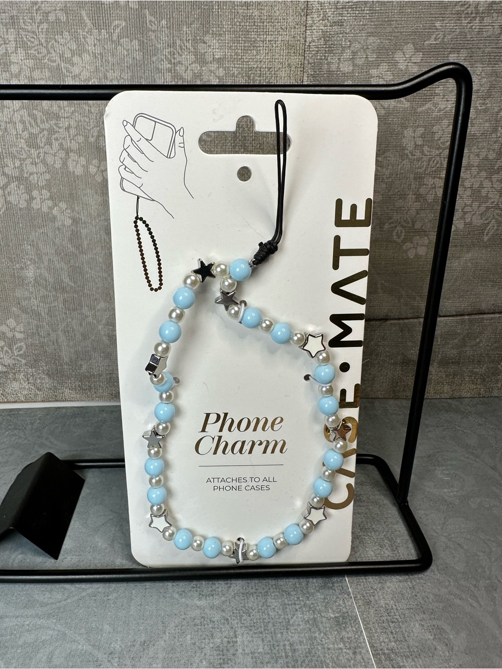 Blue Beaded Phone Charm with Silver Stars